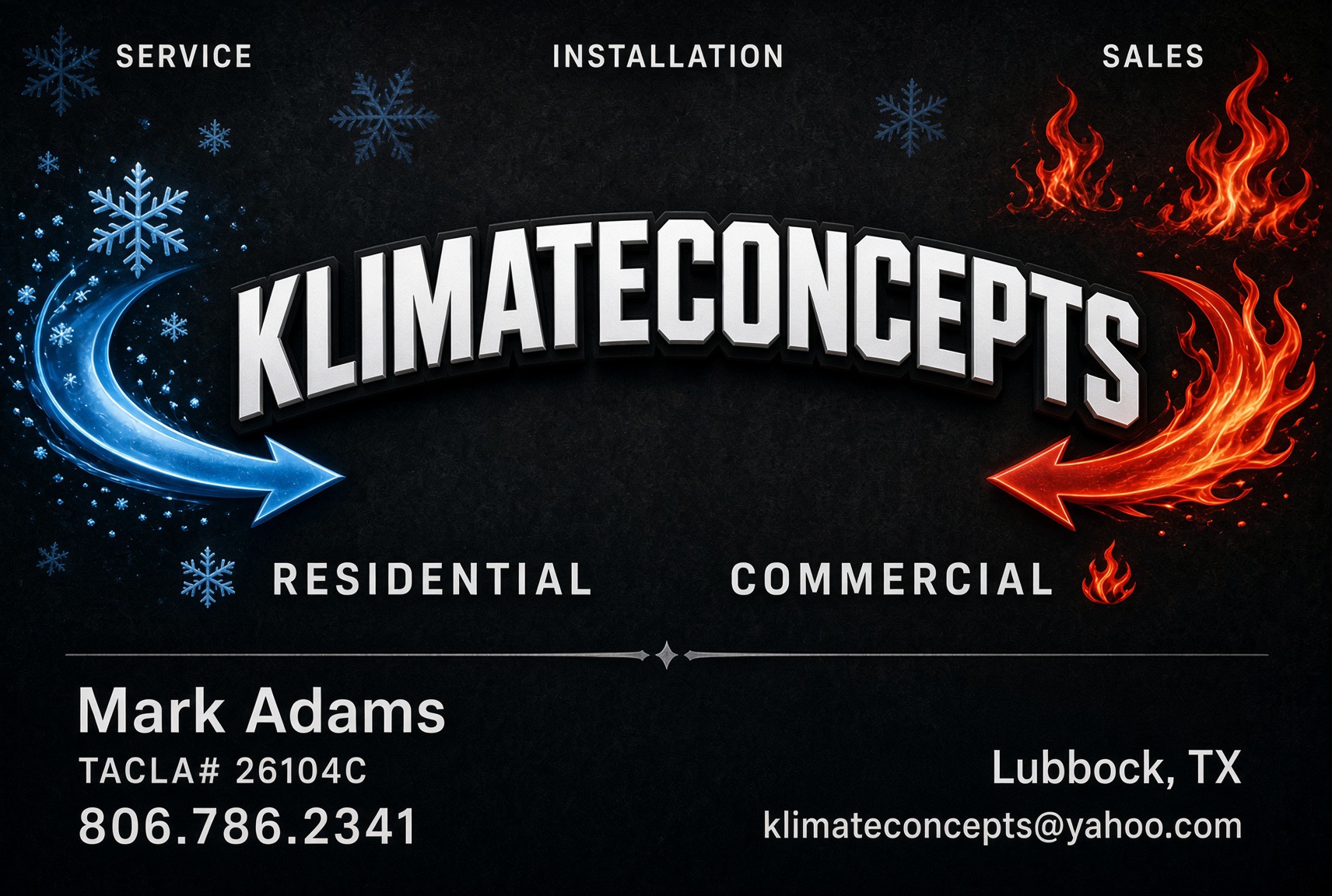 Klimate Concepts business card: service, installation and sales for residential and commercial, Mark Adams, TACLA# 26104C, Lubbock, TX, (806) 786-2341